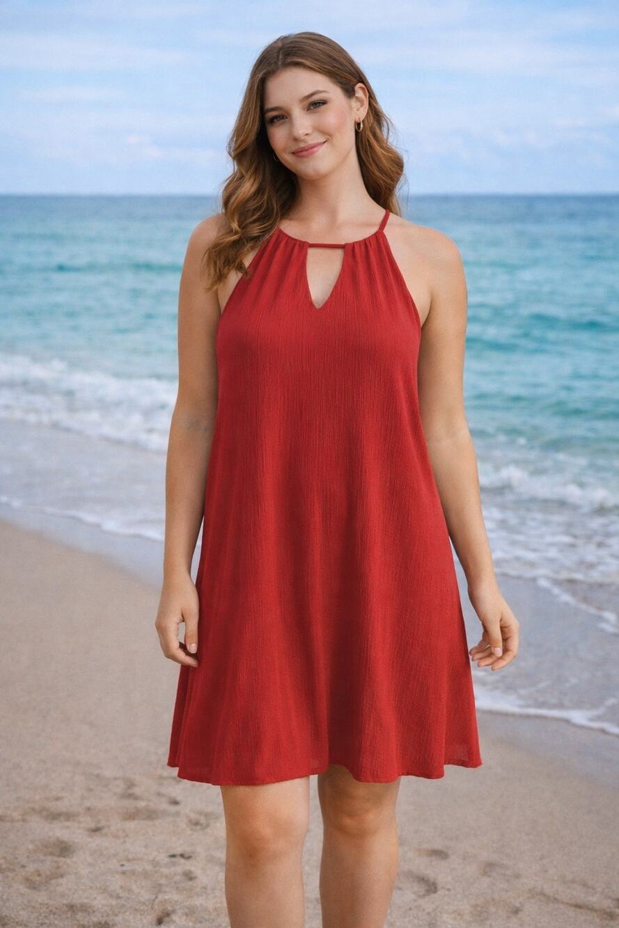 Red Crinkle Gauze Trapeze Dress Small Keyhole Halter Sleeveless Beach Resort